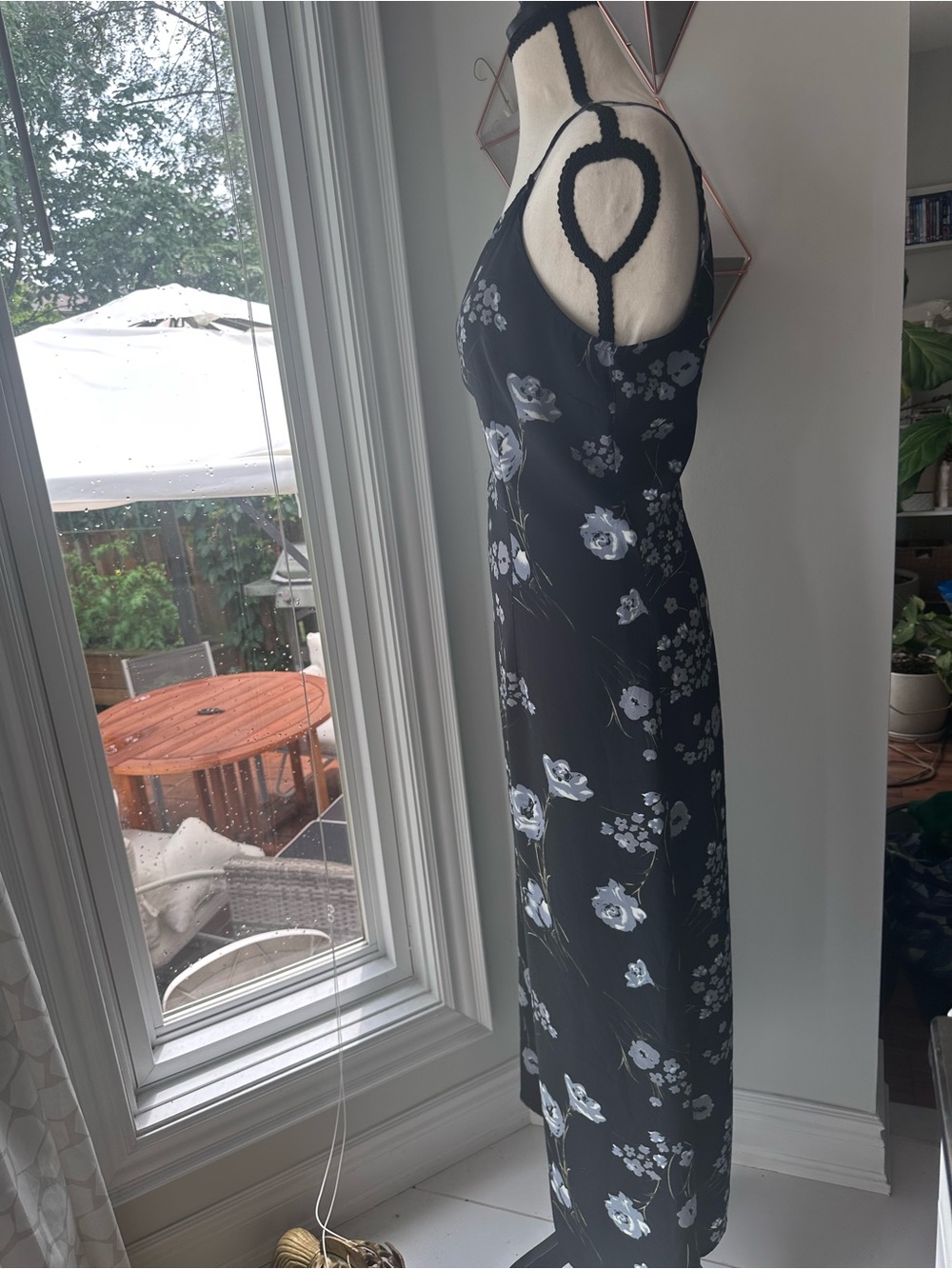 VINTAGE 90s Black Floral Slip Maxi Column Shift Halter Summer Dress Size Large - Picture 4 of 10